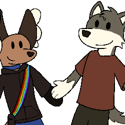 Two friendly looking anthropomorphic animals, a fennec fox (wearing a bag held by a rainbow pattern strap over their shoulder) and a wolf, hold hands.
