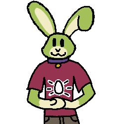 A green anthropomorphic rabbit shows off a shining egg-shaped creation.